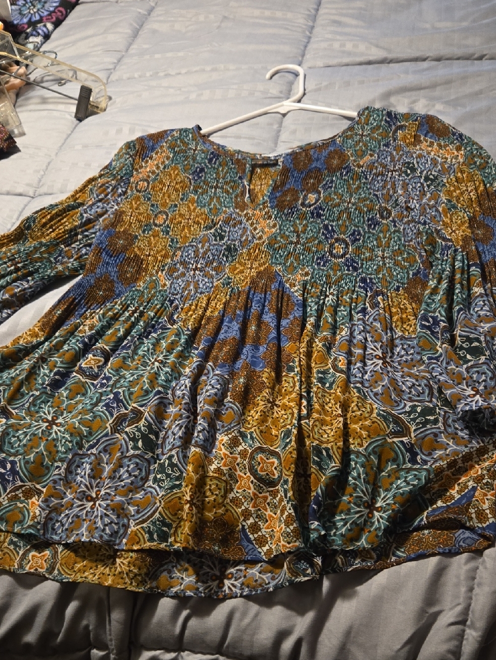 Smocked Boho Floral Peplum Blouse in Mustard Blue Green
